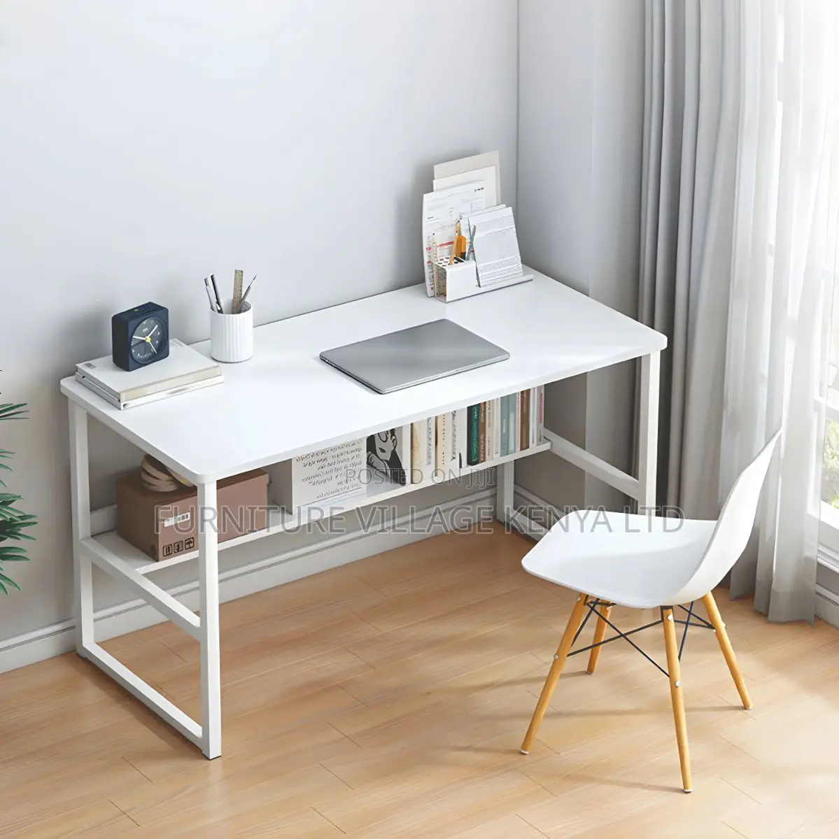 Modern Square Office Desk With Metal H-Shaped Base
