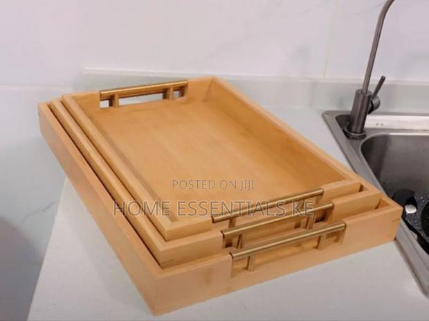 3pcs Eco-Friendly Bamboo Serving Trays With Gold Handles
