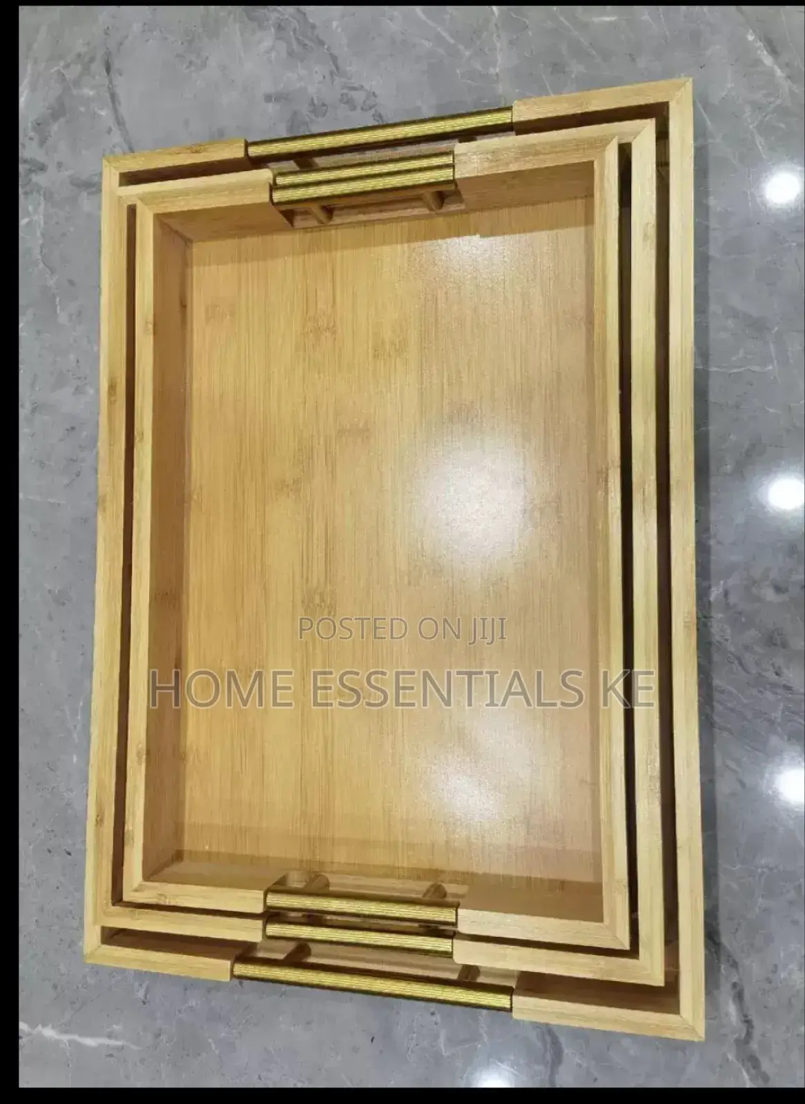 3pcs Eco-Friendly Bamboo Serving Trays With Gold Handles