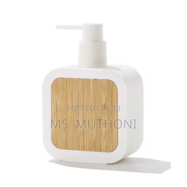Square Plastic Soap Dispenser With Bamboo Accent Pump. - thumbnail 2