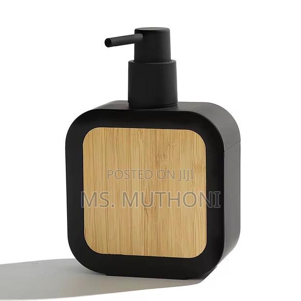 Square Plastic Soap Dispenser With Bamboo Accent Pump. - thumbnail 4