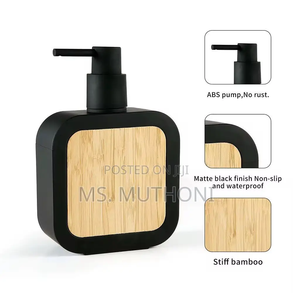 Square Plastic Soap Dispenser With Bamboo Accent Pump.