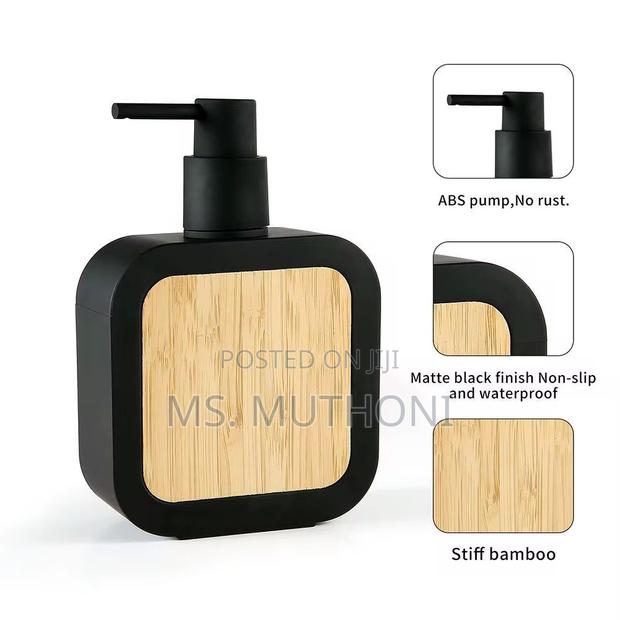 Square Plastic Soap Dispenser With Bamboo Accent Pump. - thumbnail 3