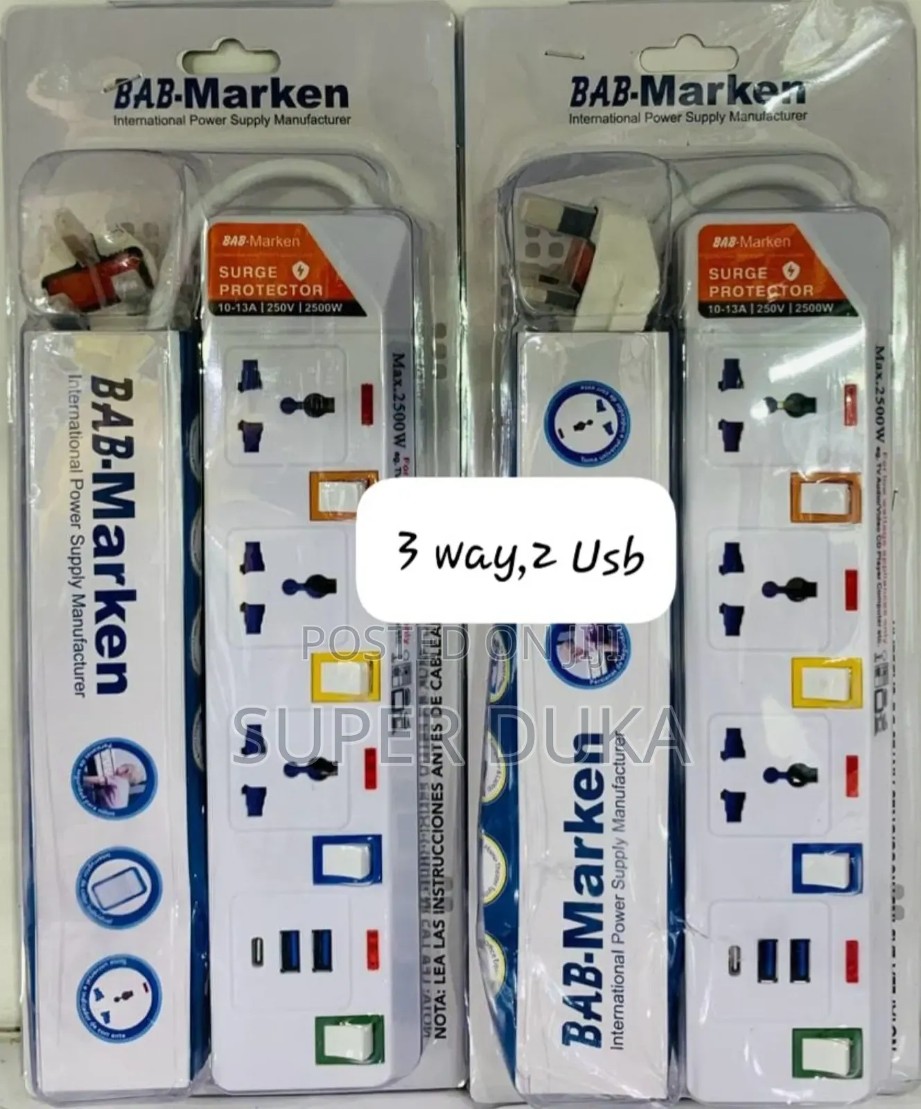 Power Extension Socket.Bab Marken 3 Way.2 Usb Ports