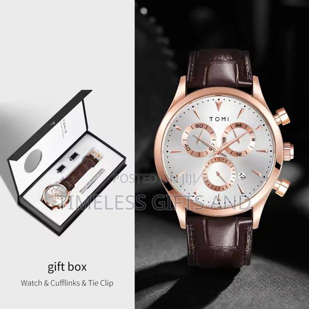 TOMI Brown Leather Chrono Watch Cufflinks Tie Clip Gift Set