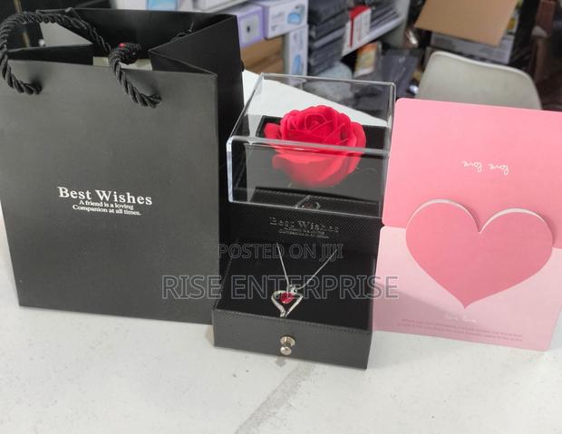 Heart Shaped Red Rose Necklace With Gift Box, Card, Bag