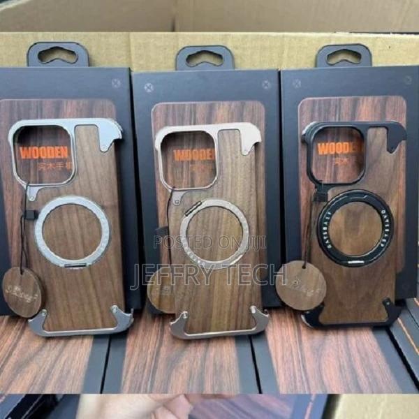 Metal Rimless Real Wood Stand Case for iPhone 15 Pro Max - thumbnail 2
