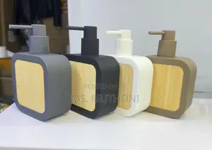 Square Plastic Soap Dispenser With Bamboo Accent Pump.