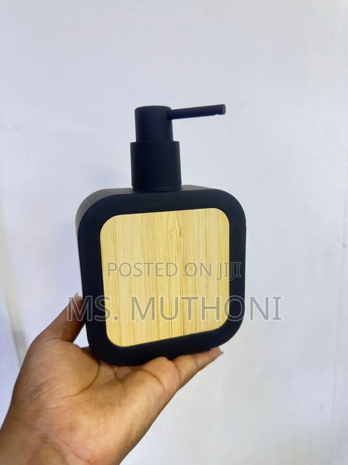 Square Plastic Soap Dispenser With Bamboo Accent Pump.