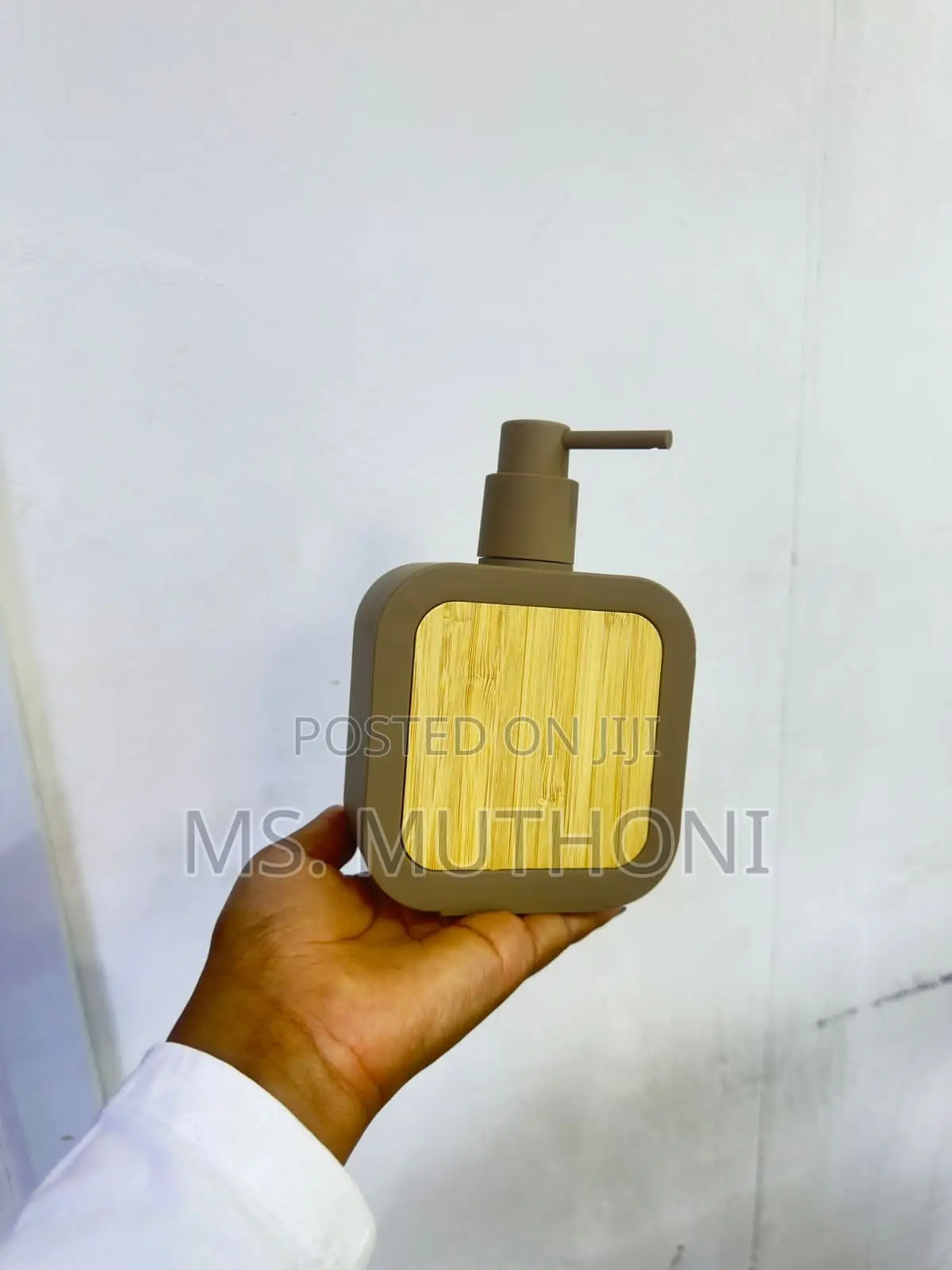 Square Plastic Soap Dispenser With Bamboo Accent Pump.