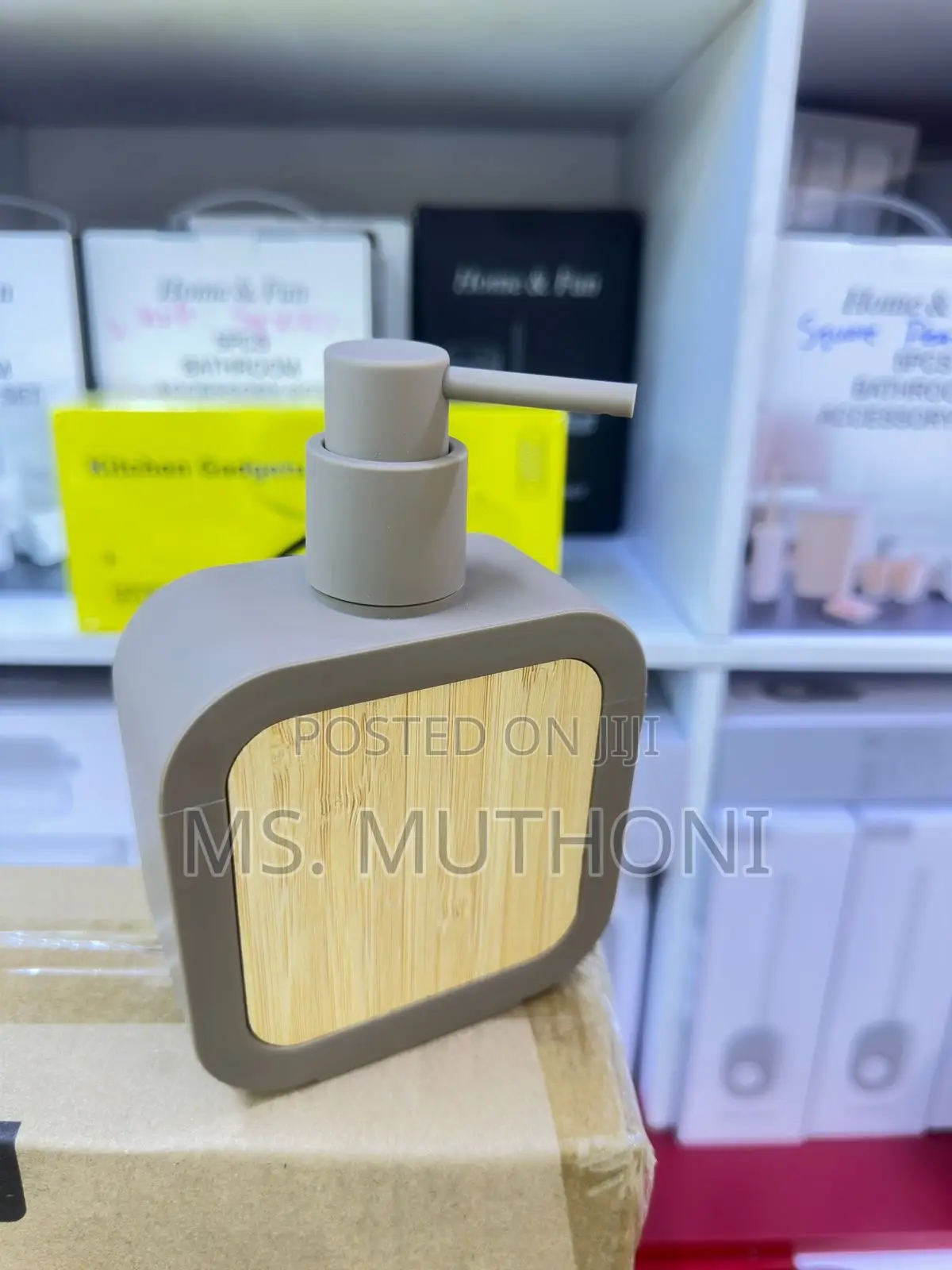 Square Plastic Soap Dispenser With Bamboo Accent Pump.
