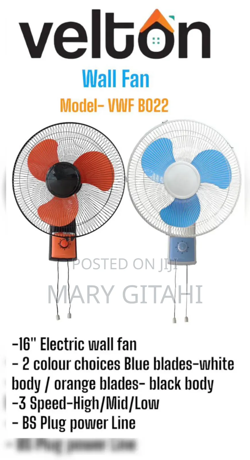 Wall Fan Velton 16 Inch Black Instock at 