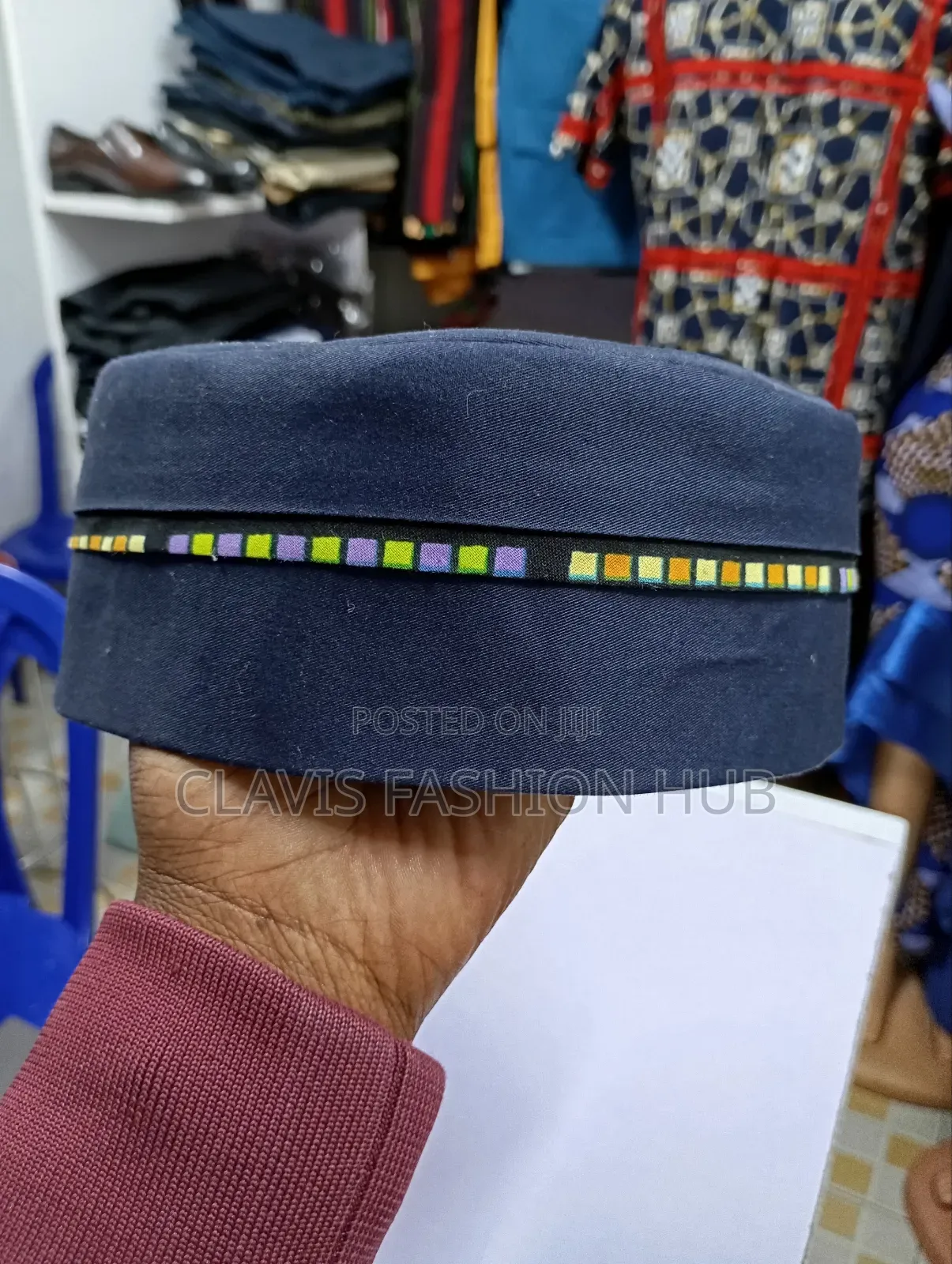 Navy Blue Round Cap With Ankara Decorations