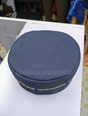 Navy Blue Round Cap With Ankara Decorations