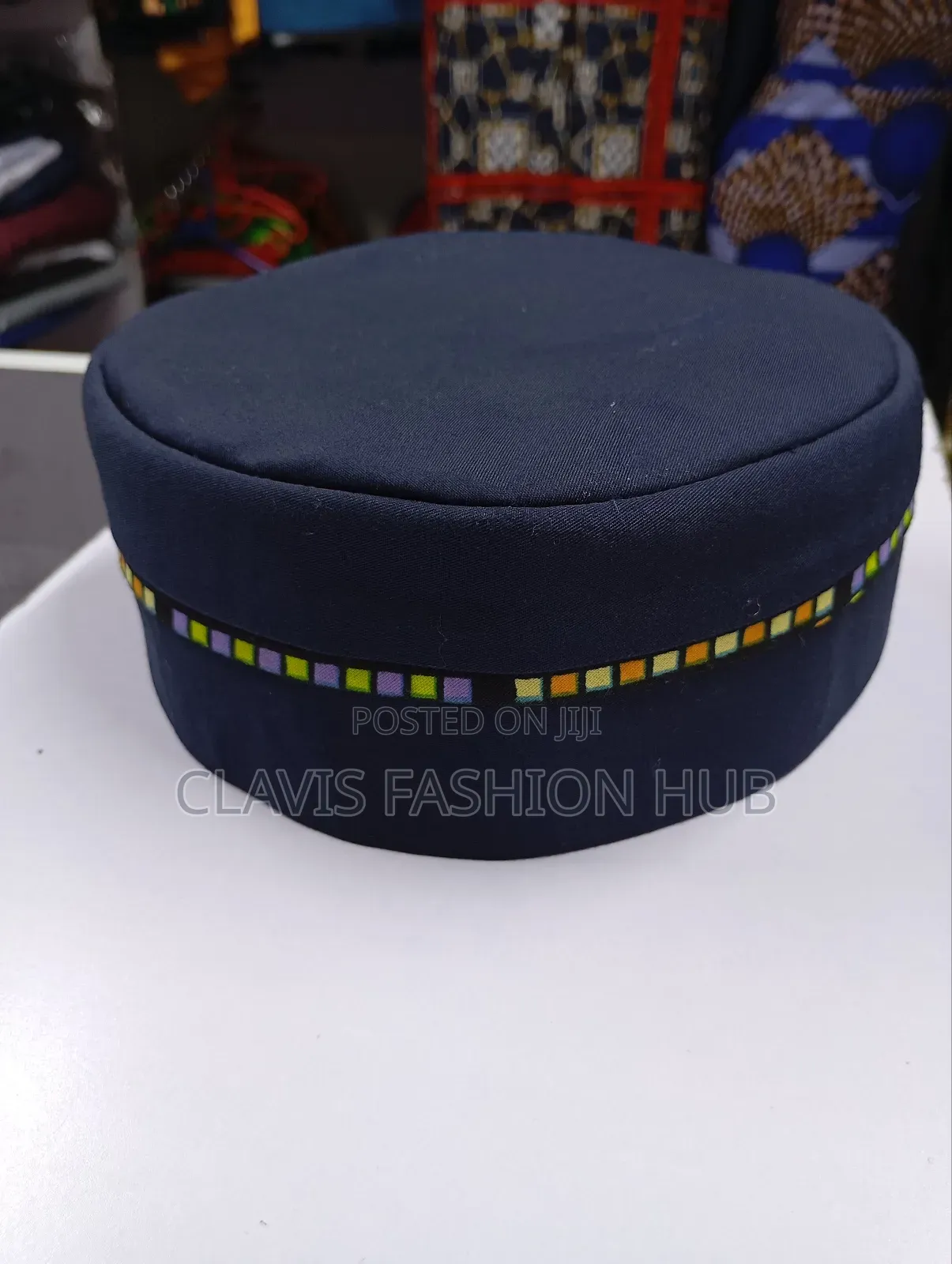 Navy Blue Round Cap With Ankara Decorations