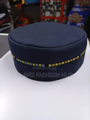 Navy Blue Round Cap With Ankara Decorations