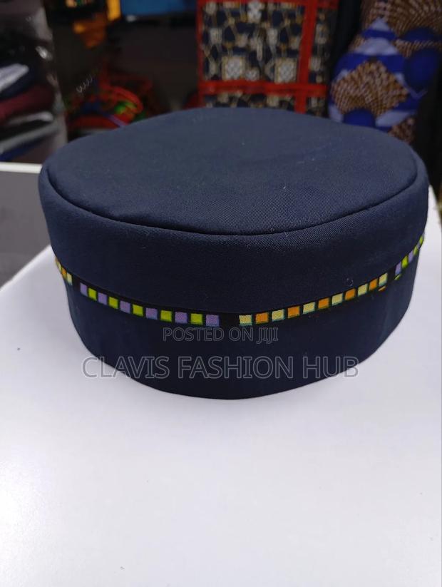 Navy Blue Round Cap With Ankara Decorations - thumbnail 3