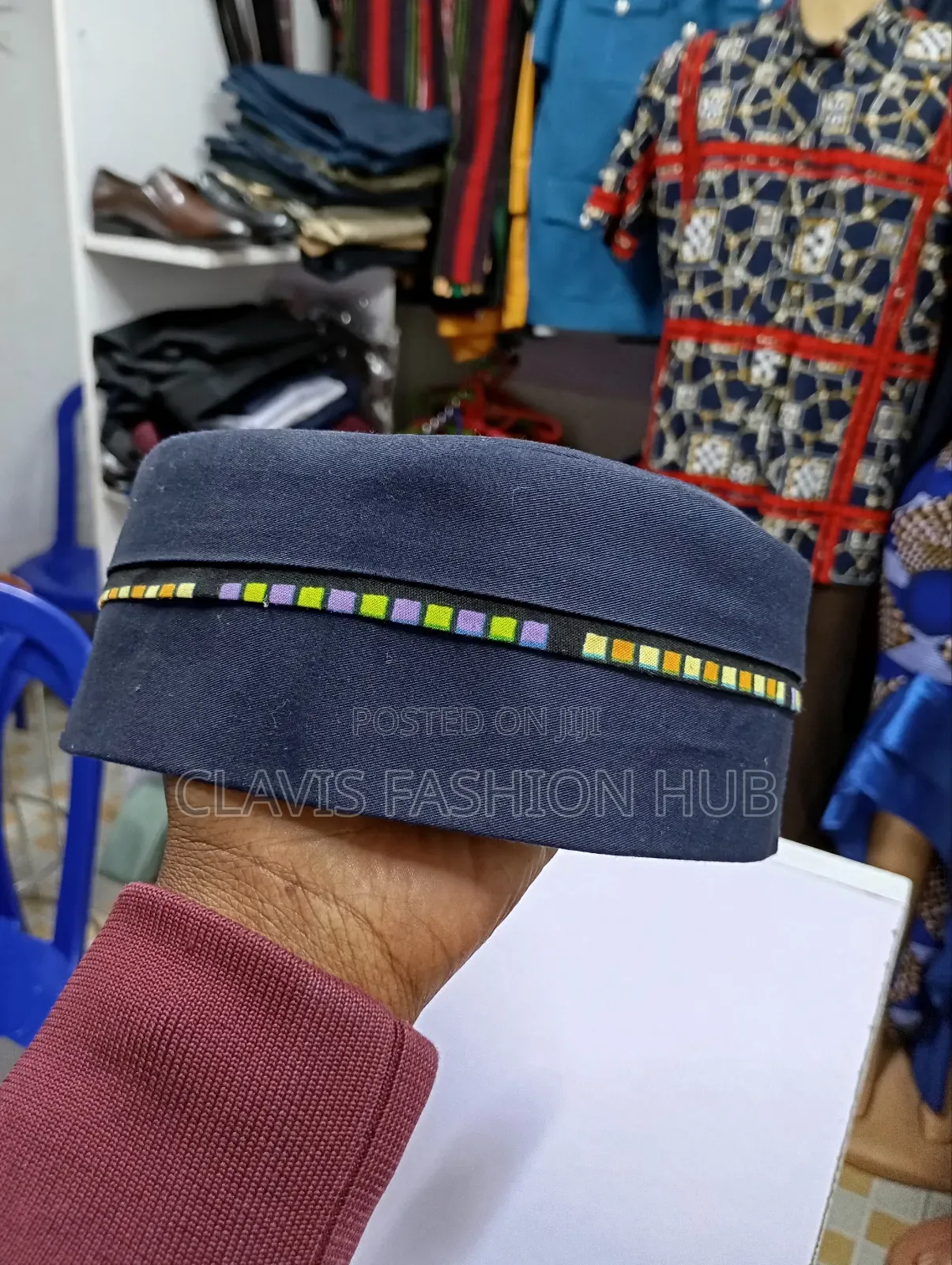 Navy Blue Round Cap With Ankara Decorations