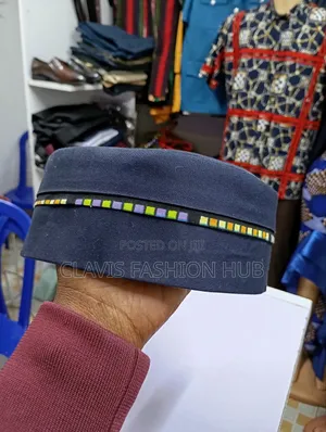 Navy Blue Round Cap With Ankara Decorations