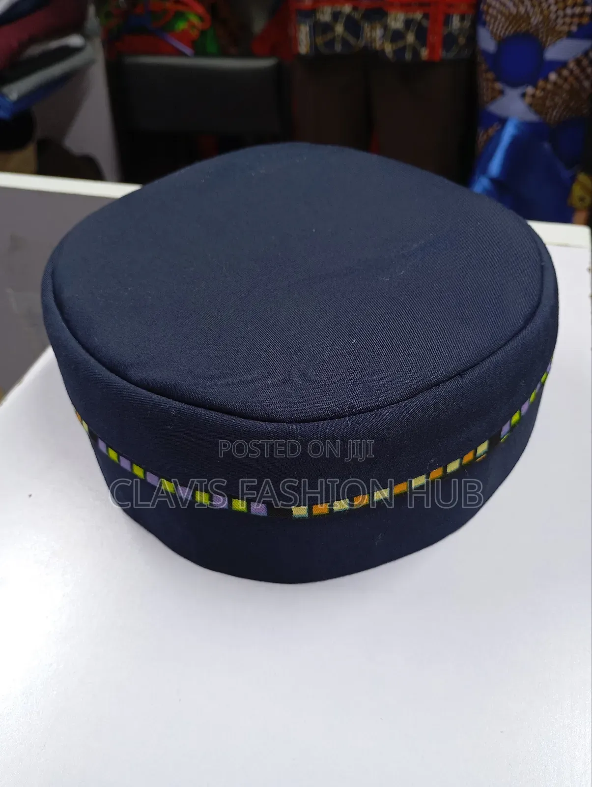 Navy Blue Round Cap With Ankara Decorations