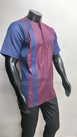 Maroon and Blue Short Sleeves African Shirt Ready Made