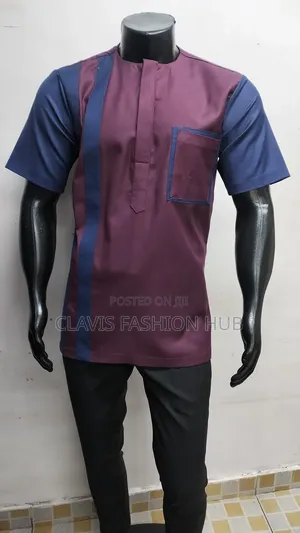 Maroon and Blue Short Sleeves African Shirt Ready Made