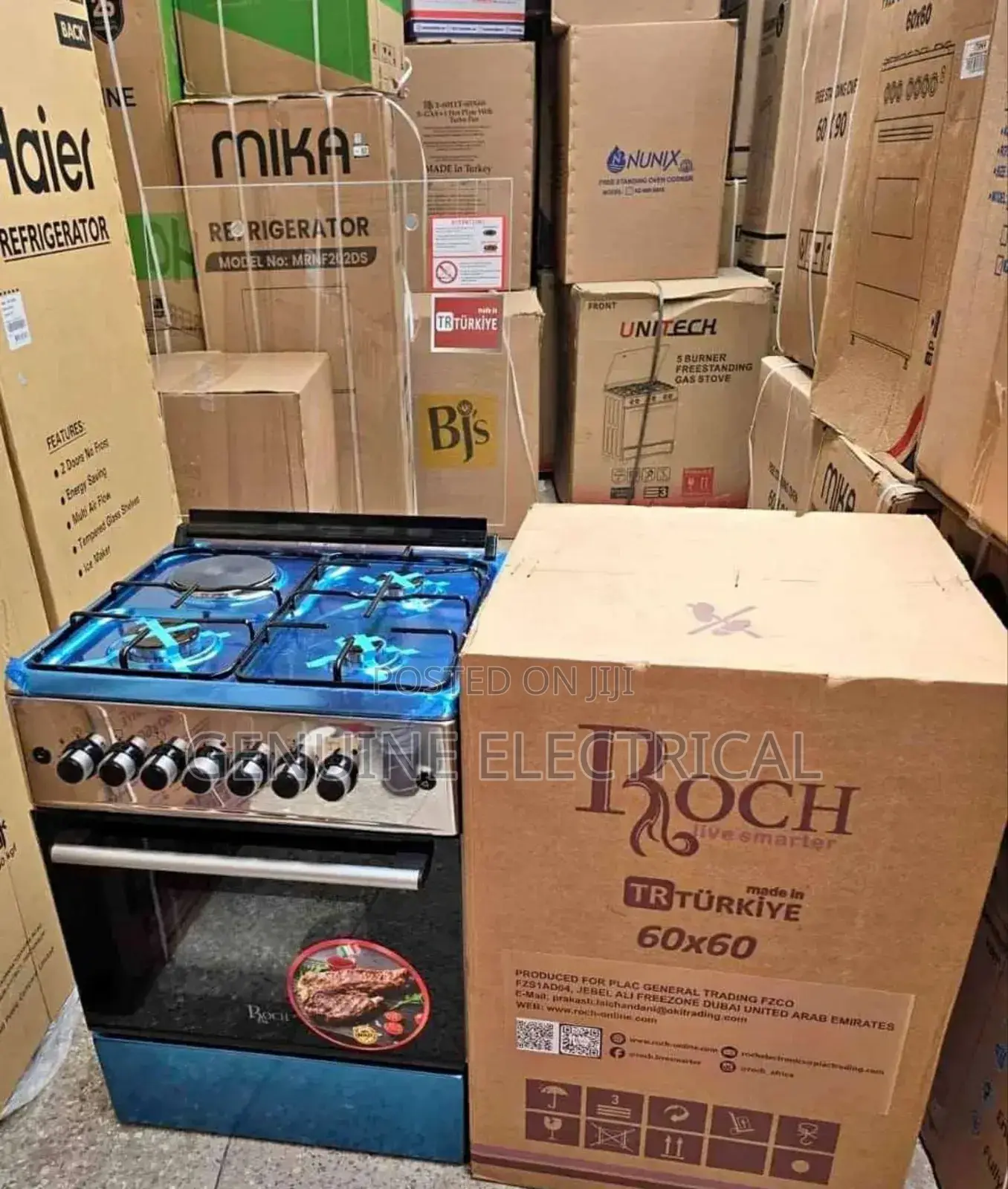 60*60cm Roch Silver 3G+1E Standing Cooker Electric Oven.