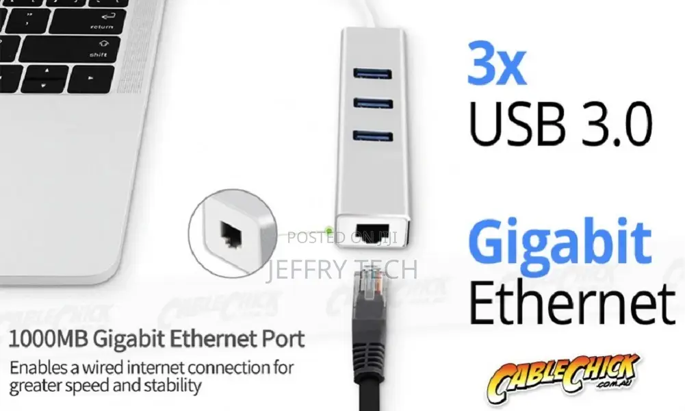 Speed 3-Port USB 3.0 Hub + Gigabit Ethernet Network Adapter