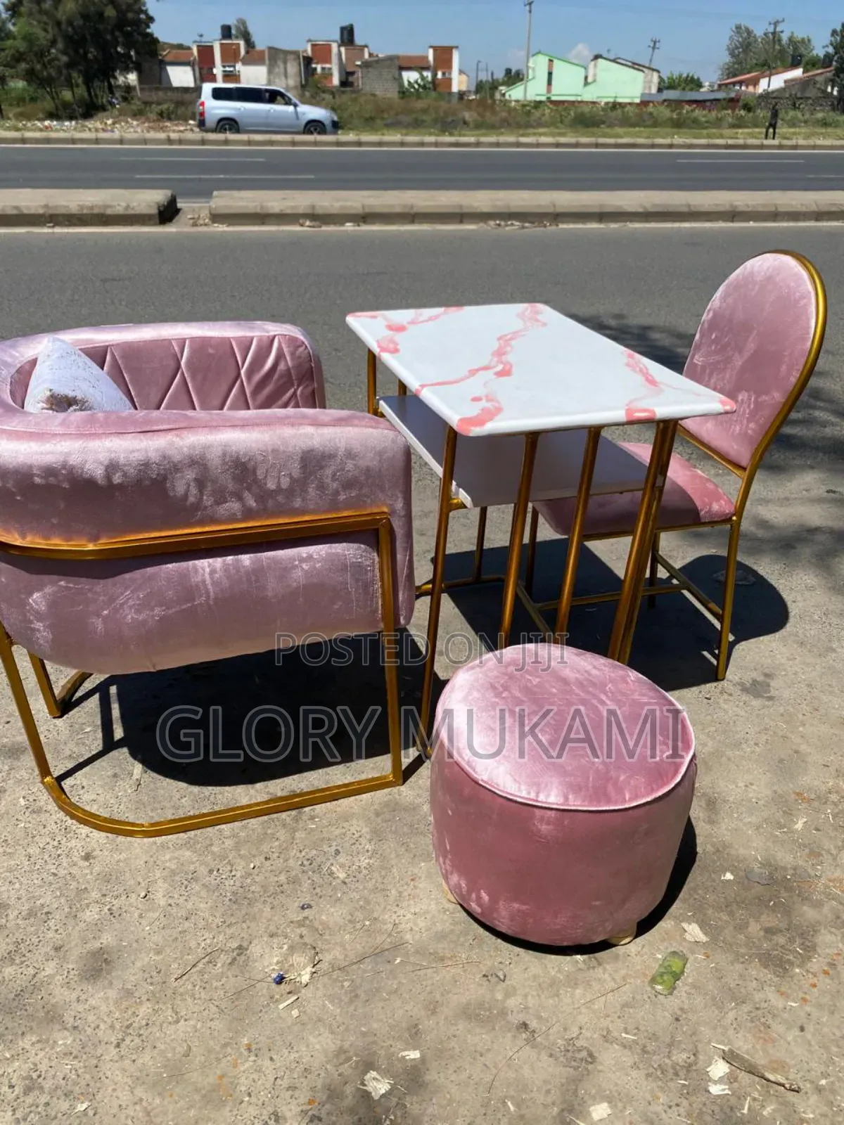 Pink Velvet Manicure Chairs and Puff Stools