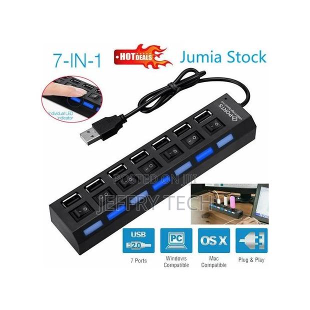 SOLID 7 Port USB 2.0 High Speed Hub Powered Splitter ON/OFF