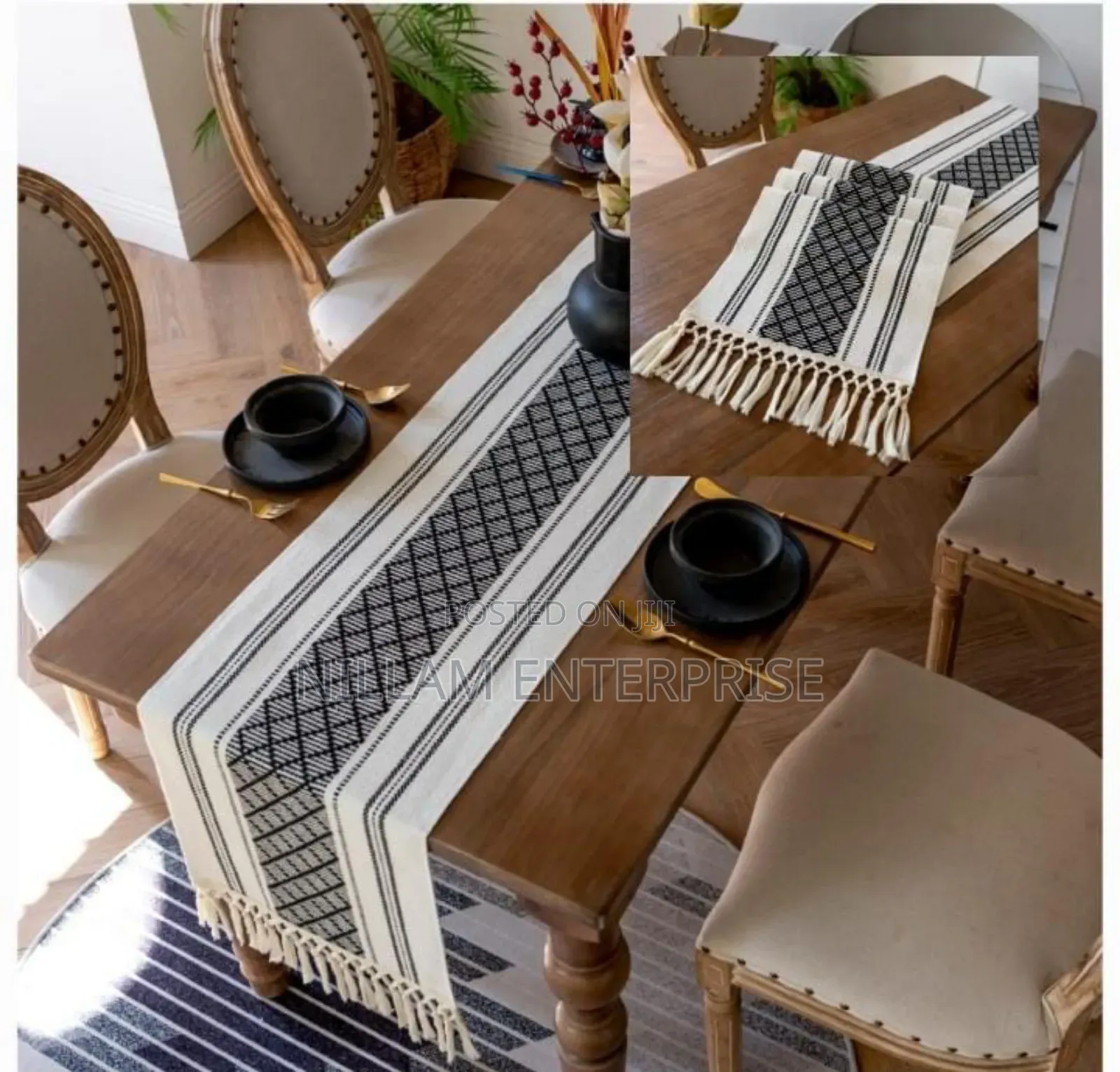 Braided Woven Textured Table Runner With Tassels + 6pcs Mats