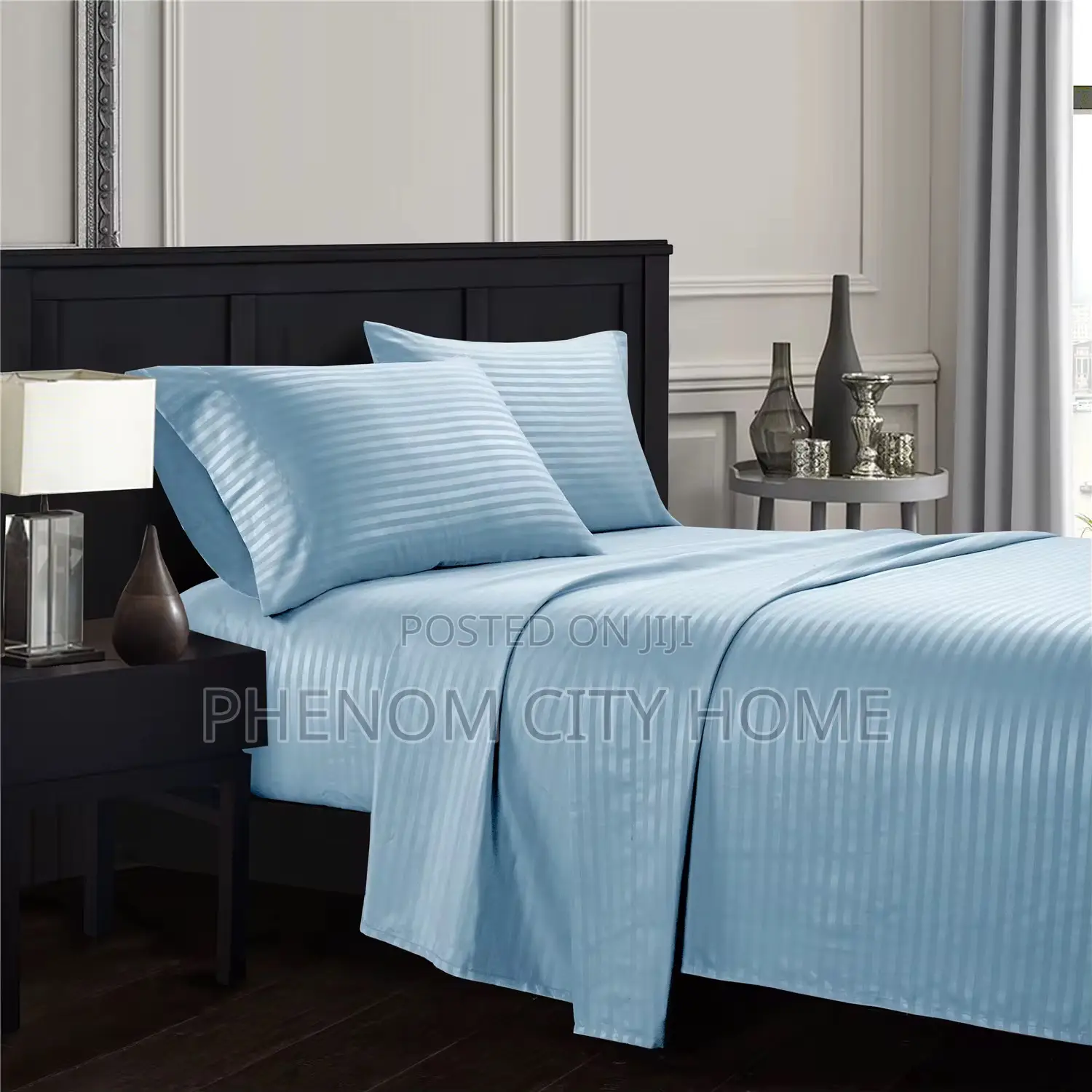 Skyblue Cotton Stripped Tc Bedsheet Set