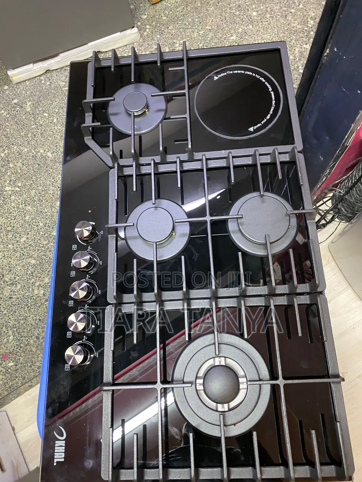 Khal 4 Gas(1 Wok) + 1 Electric Plate Hob,Black Glass 90cm