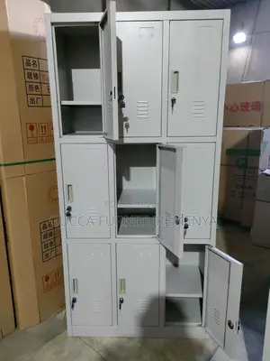 Cabinets: Metallic Vertical Nine-Door Locker Storage Unit
