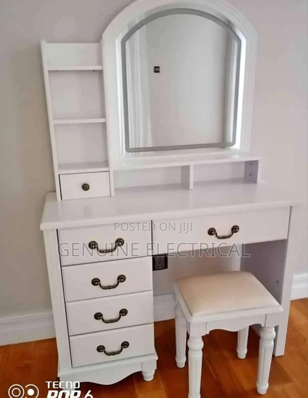 White Dressing Table With Sliding Mirror and Stool