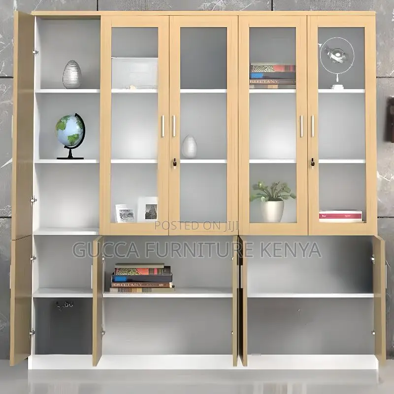 Cabinets:3-Door Natural Finish Glass Front Office Cabinet