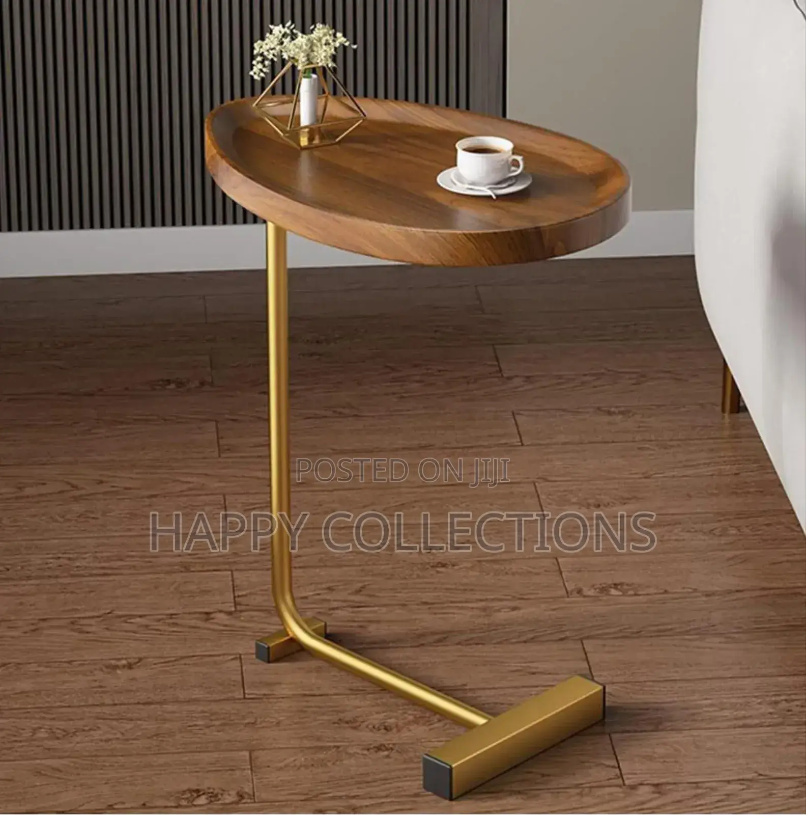 Minimalist C-Shaped Wooden Table, Golden Frame Side Table