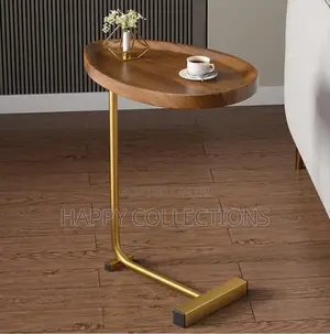Minimalist C-Shaped Wooden Table, Golden Frame Side Table