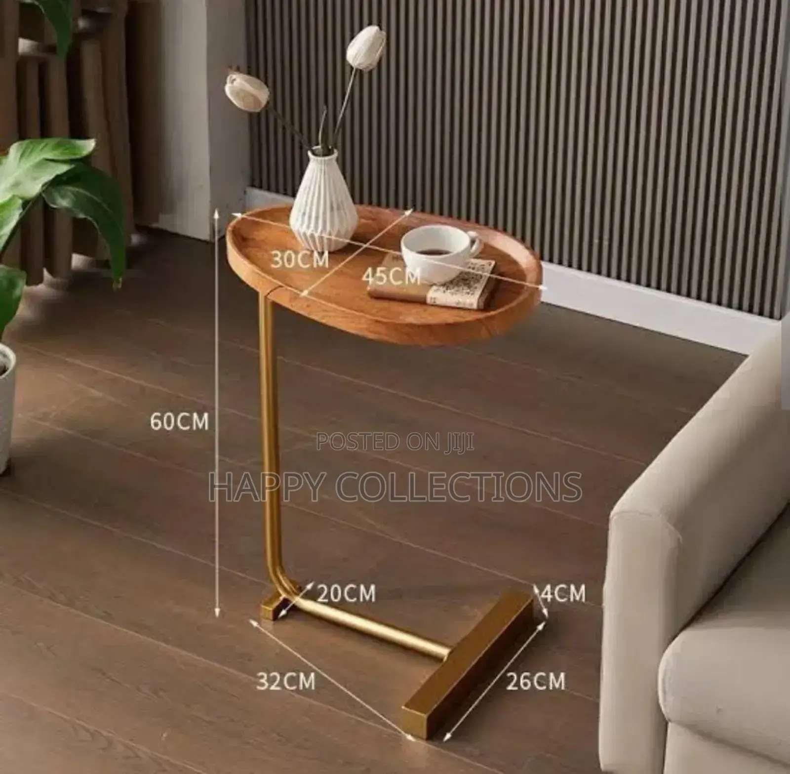 Minimalist C-Shaped Wooden Table, Golden Frame Side Table