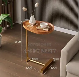Minimalist C-Shaped Wooden Table, Golden Frame Side Table