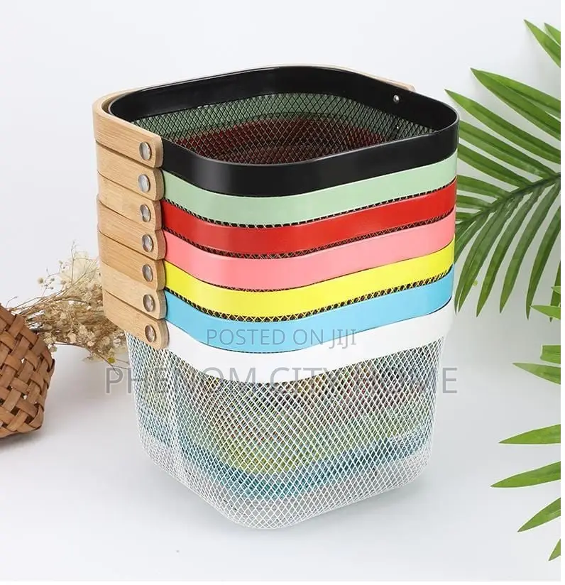 Portable Plastic Storage Baskets With Mesh and Wooden Handle
