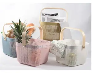 Portable Plastic Storage Baskets With Mesh and Wooden Handle
