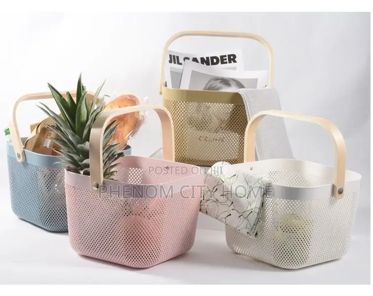 Portable Plastic Storage Baskets With Mesh and Wooden Handle