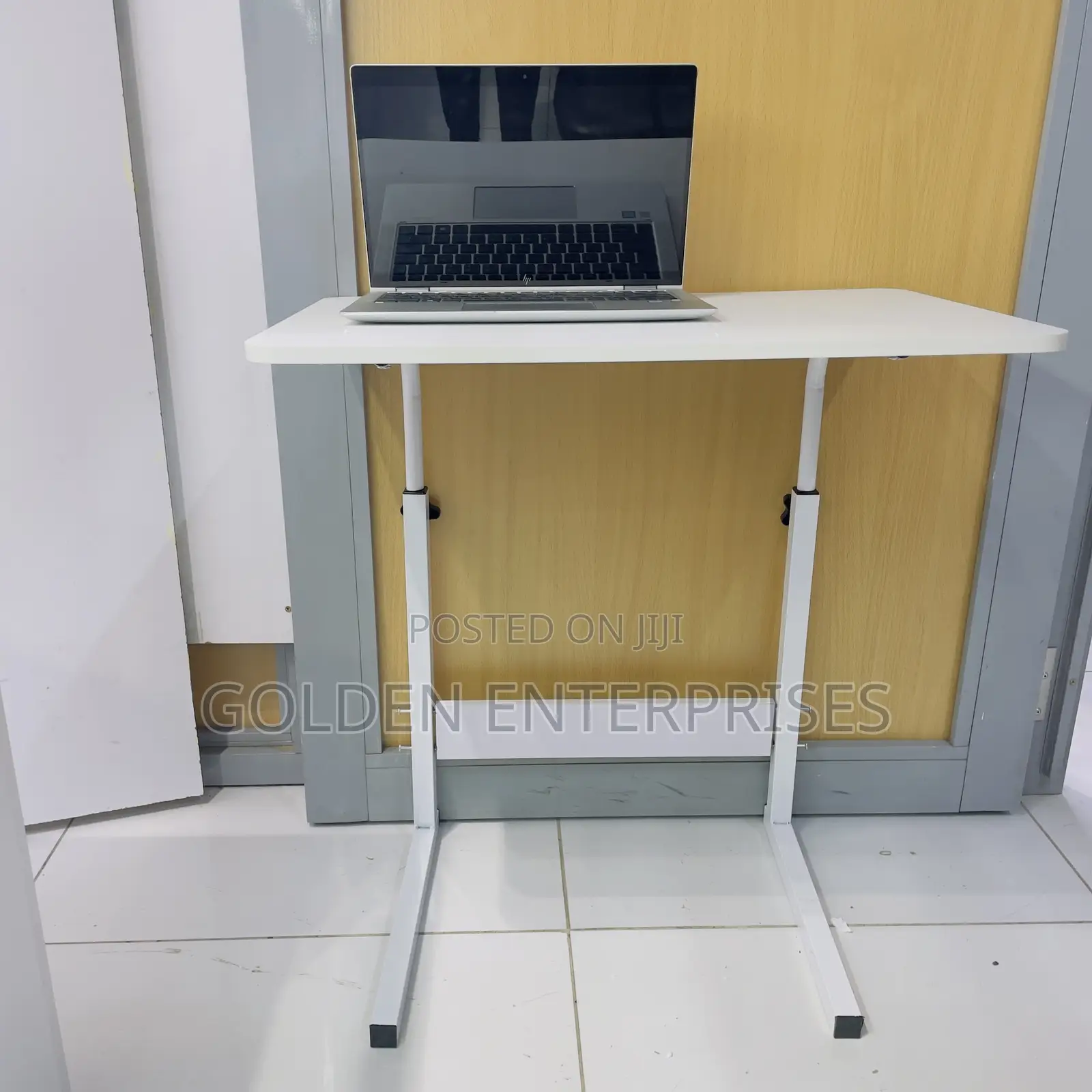 White Wooden Top Height Adjustable Laptop Table With Wheels