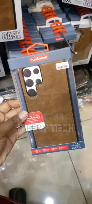Leather Logo Cut Back Case for Samsung S22 Ultra-Brown