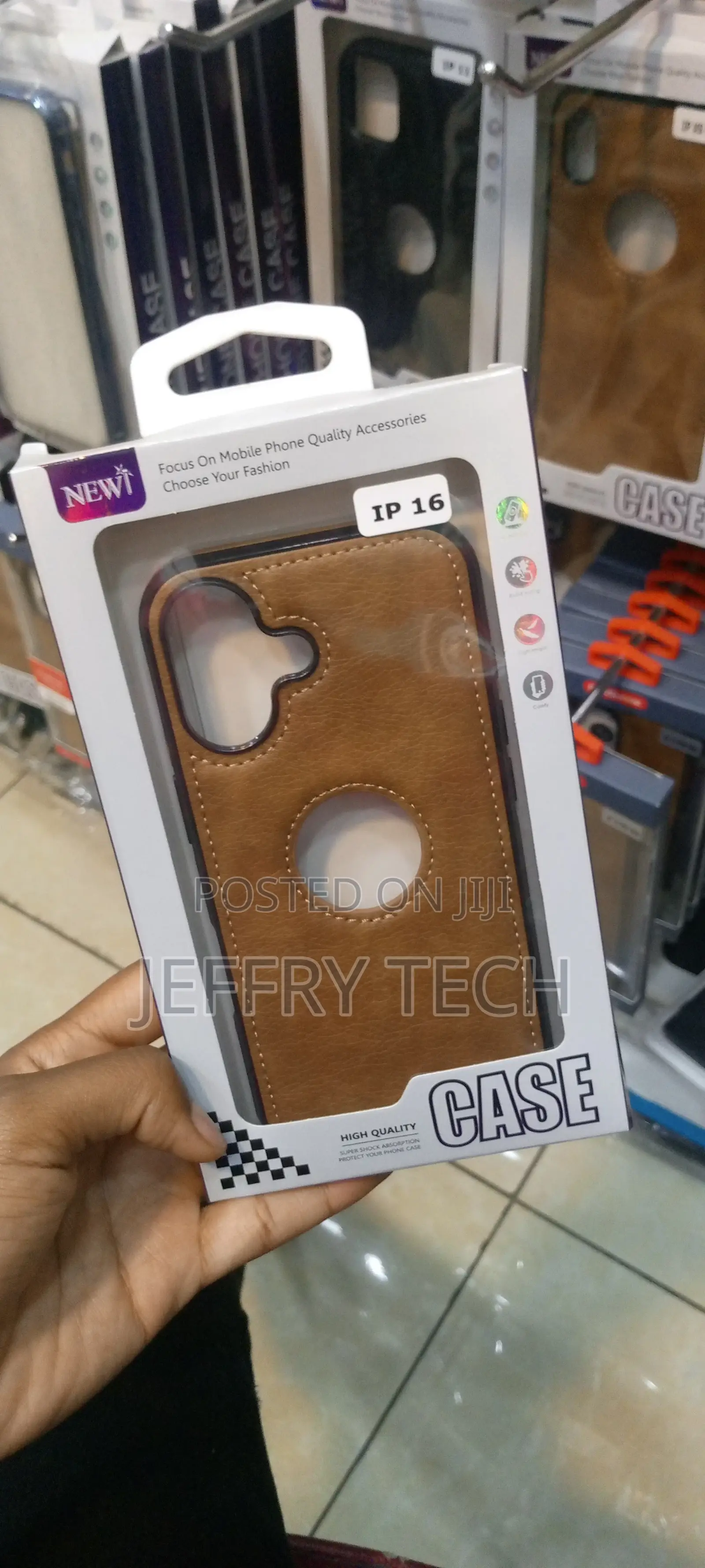 Leather Logo Cut for iPhone 16 Shockproof Brown Back Case