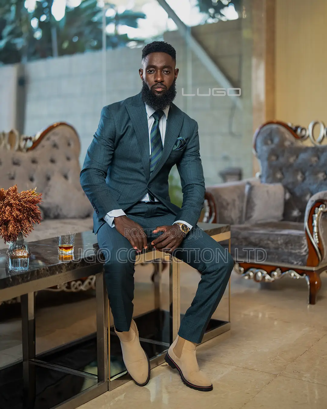 Men Suit Checked Dark Slate Green Suit