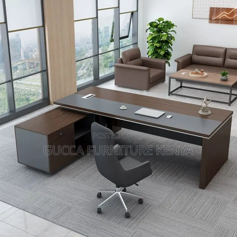 Office Tables:180cm Brown L-Shape Pedestal Executive Desk