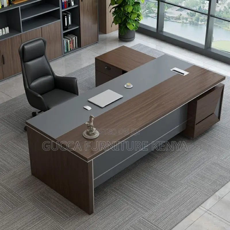Office Tables:180cm Brown L-Shape Pedestal Executive Desk