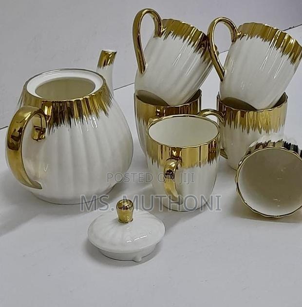 Aesthetic 7 Pc Aesthetic White /Gold Ceramic Teaset - thumbnail 2